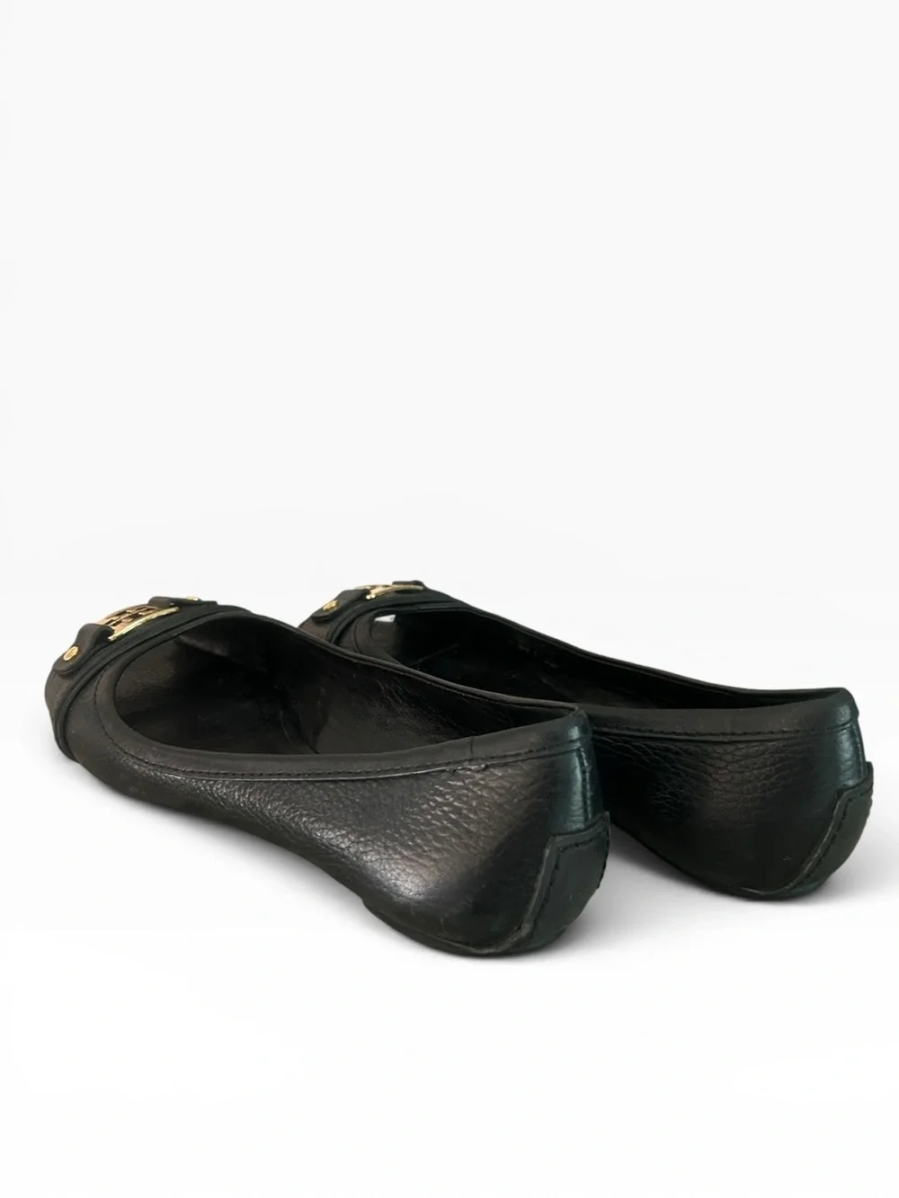 Tory Burch Cline Black Leather Gold Logo Flat Open Peep Toe Buckle Slide Sz 8.5